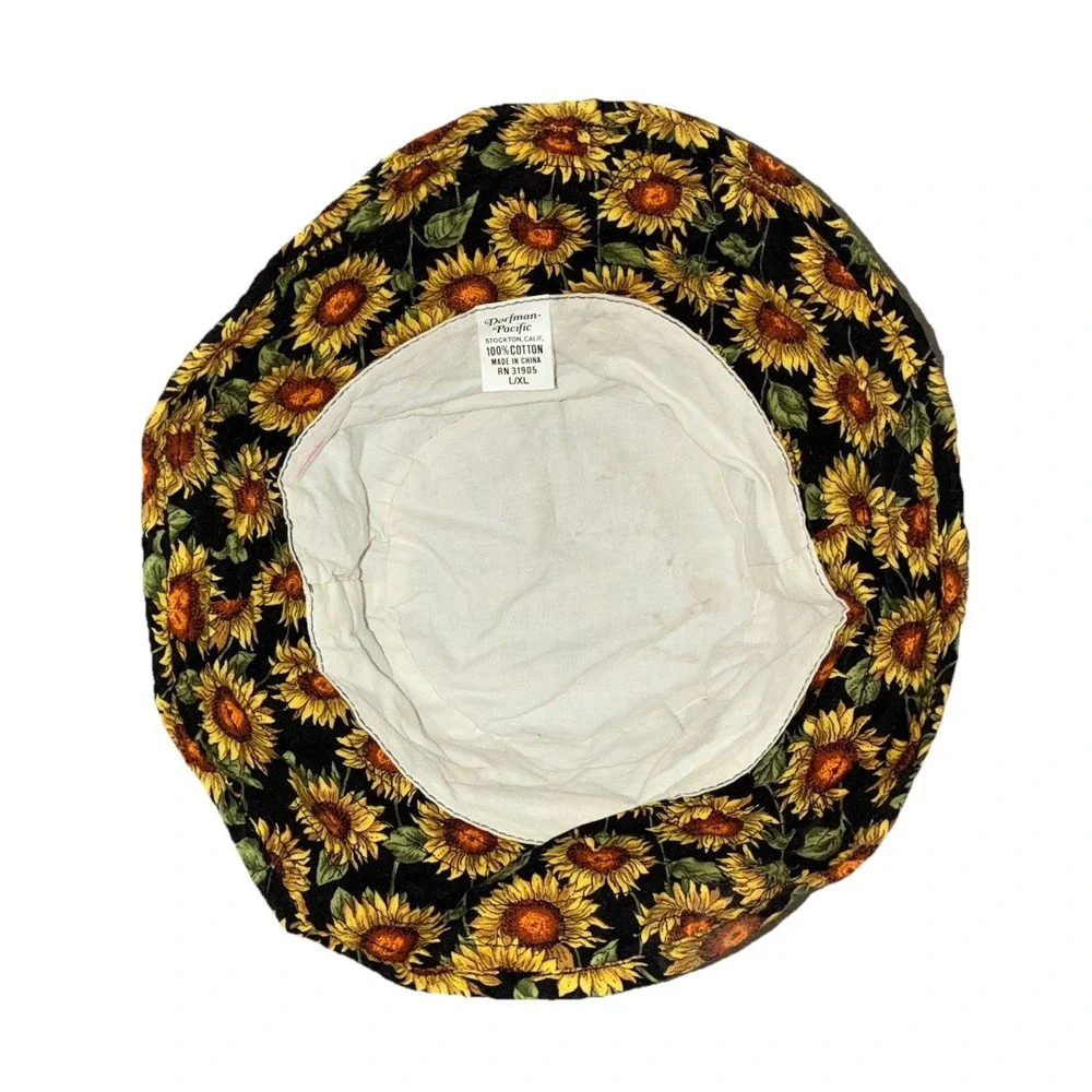 Dorfman Pacific Bucket Hat L/XL Black Yellow Sunflowers Sun Hippie Boho Vintage‎